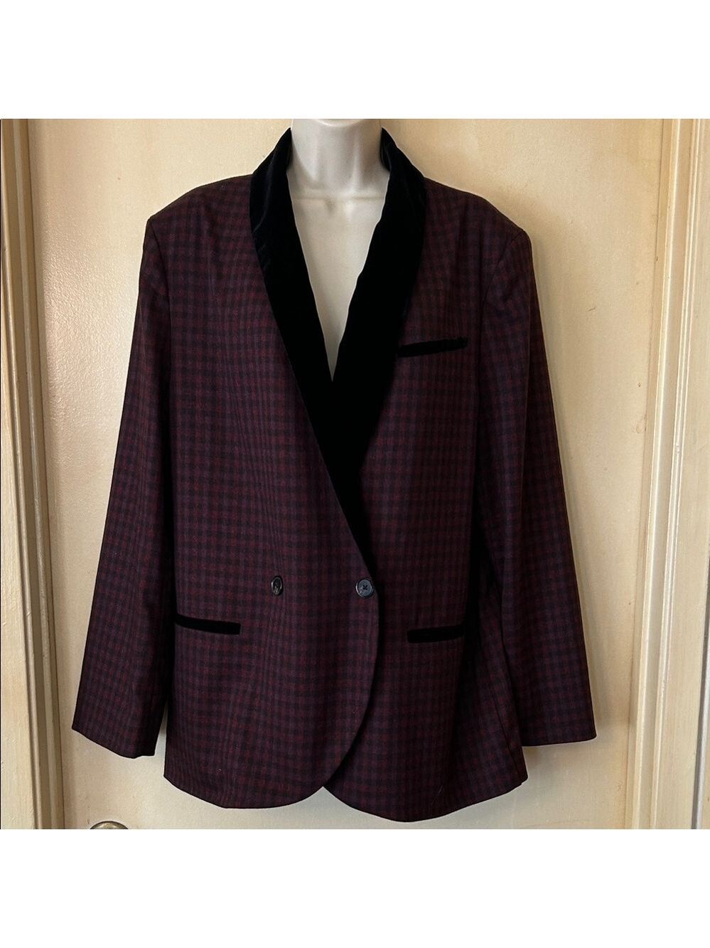 Free People Burgundy and Black Plaid Blazer with Velvet Trim size S